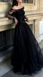 Vintage Black Tulle Long Prom Dresses A-line Evening Party HZ0307