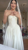 Vintage Boho Strapless Wedding Dresses, Appliques Satin Bridal HZ0307