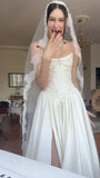 Vintage Boho Strapless Wedding Dresses, Appliques Satin Bridal HZ0307