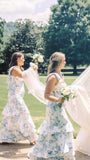 White Blue Floral Bridesmaid Dresses, HZ0307