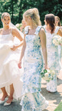 White Blue Floral Bridesmaid Dresses, HZ0307