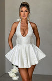 White Floral A-line Homecoming Dresses Halter V-neck Wedding Reception Dress, HZ0307