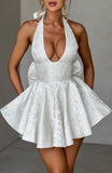 White Floral A-line Homecoming Dresses Halter V-neck Wedding Reception Dress, HZ0307
