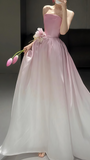 White Pink Strapless Party Dresses, Long Prom Dress With Sweep Train, HZ0307