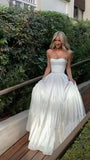 White Prom Dresses, Strapless Evening Party Dress, A-Line Bridal HZ0307