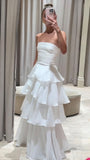 White Strapless Pleated Ruffle Prom Dress, Floor Length Wedding Reception HZ0307