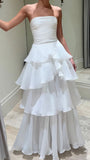 White Strapless Pleated Ruffle Prom Dress, Floor Length Wedding Reception HZ0307