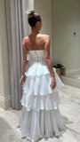 White Strapless Pleated Ruffle Prom Dress, Floor Length Wedding Reception HZ0307