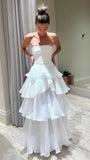 White Strapless Pleated Ruffle Prom Dress, Floor Length Wedding Reception HZ0307
