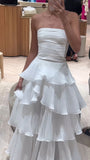 White Strapless Pleated Ruffle Prom Dress, Floor Length Wedding Reception HZ0307