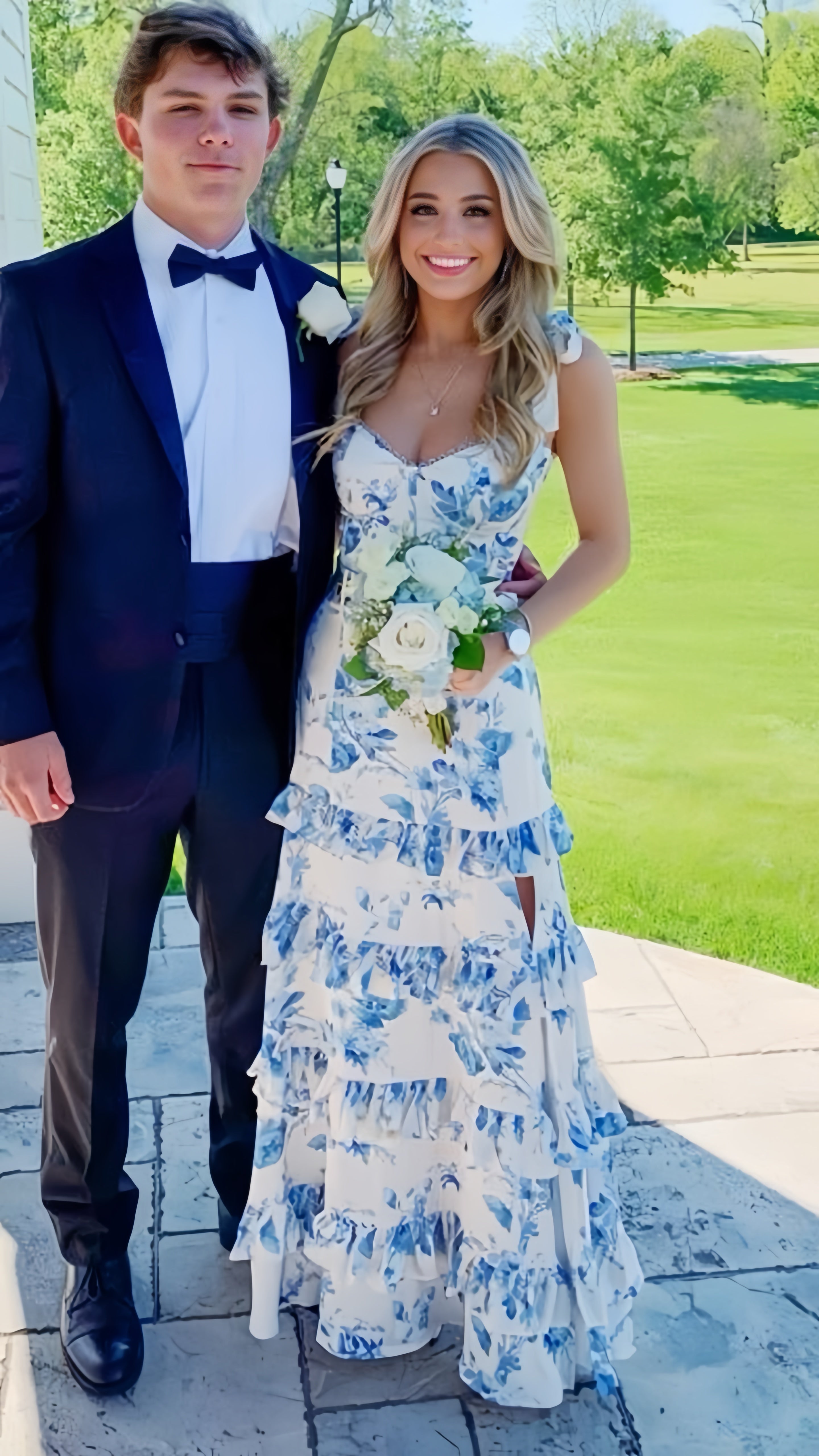 White Blue Floral Prom Dress - A-Line Long Evening HZ0307