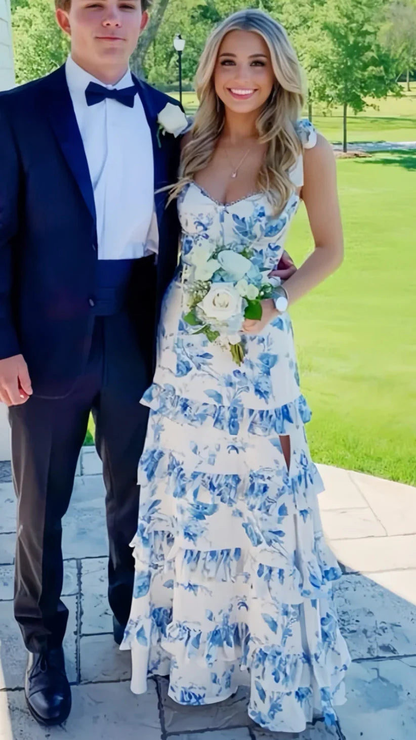 White Blue Floral Prom Dress - A-Line Long Evening HZ0307
