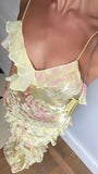 Yellow Floral Slim V-Neck Long Prom Dresses Spaghetti Straps Evening Party HZ0307