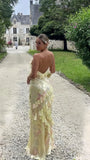 Yellow Floral Slim V-Neck Long Prom Dresses Spaghetti Straps Evening Party HZ0307