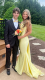 Yellow V-Neck Mermaid Prom Dresses Long Evening Party Dress With Cross HZ0307