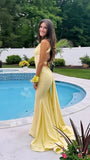 Yellow V-Neck Mermaid Prom Dresses Long Evening Party Dress With Cross HZ0307