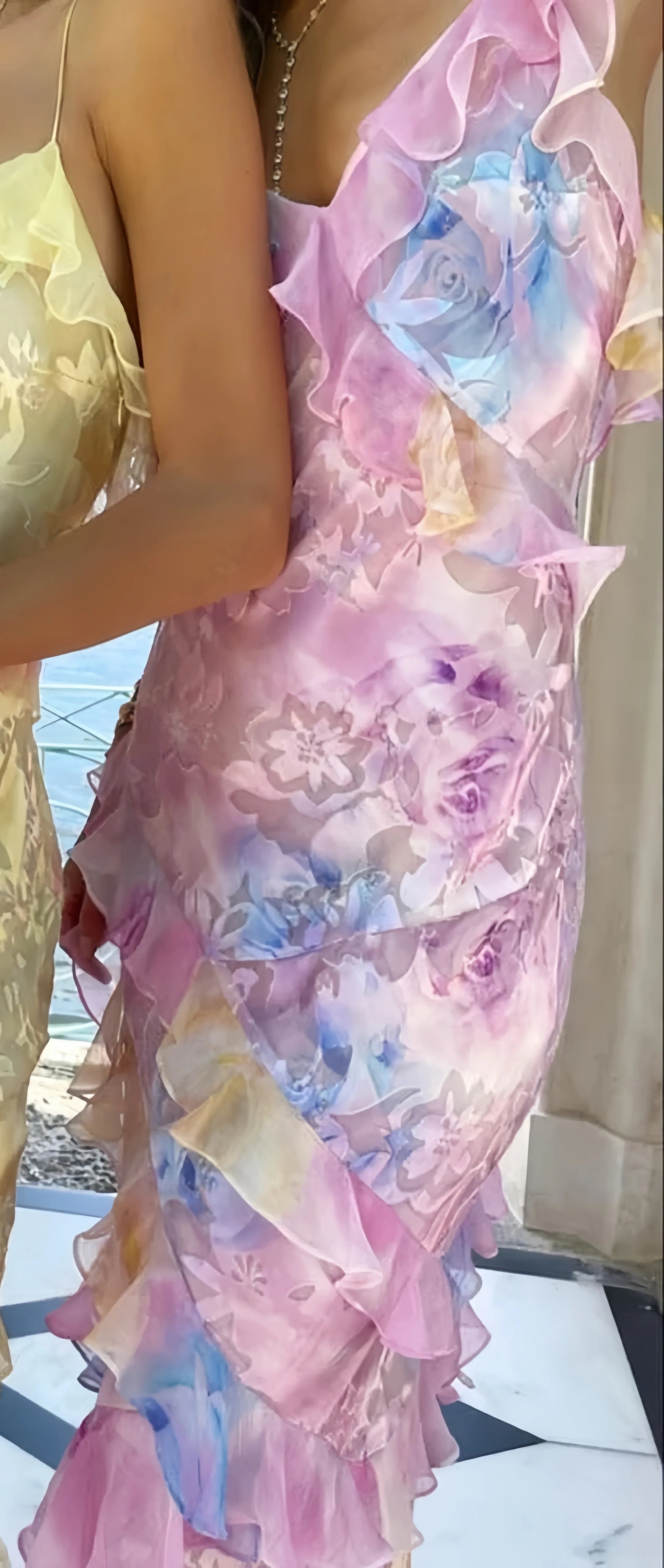 Yellow Floral Slim V-Neck Long Prom Dresses Spaghetti Straps Evening Party HZ0307