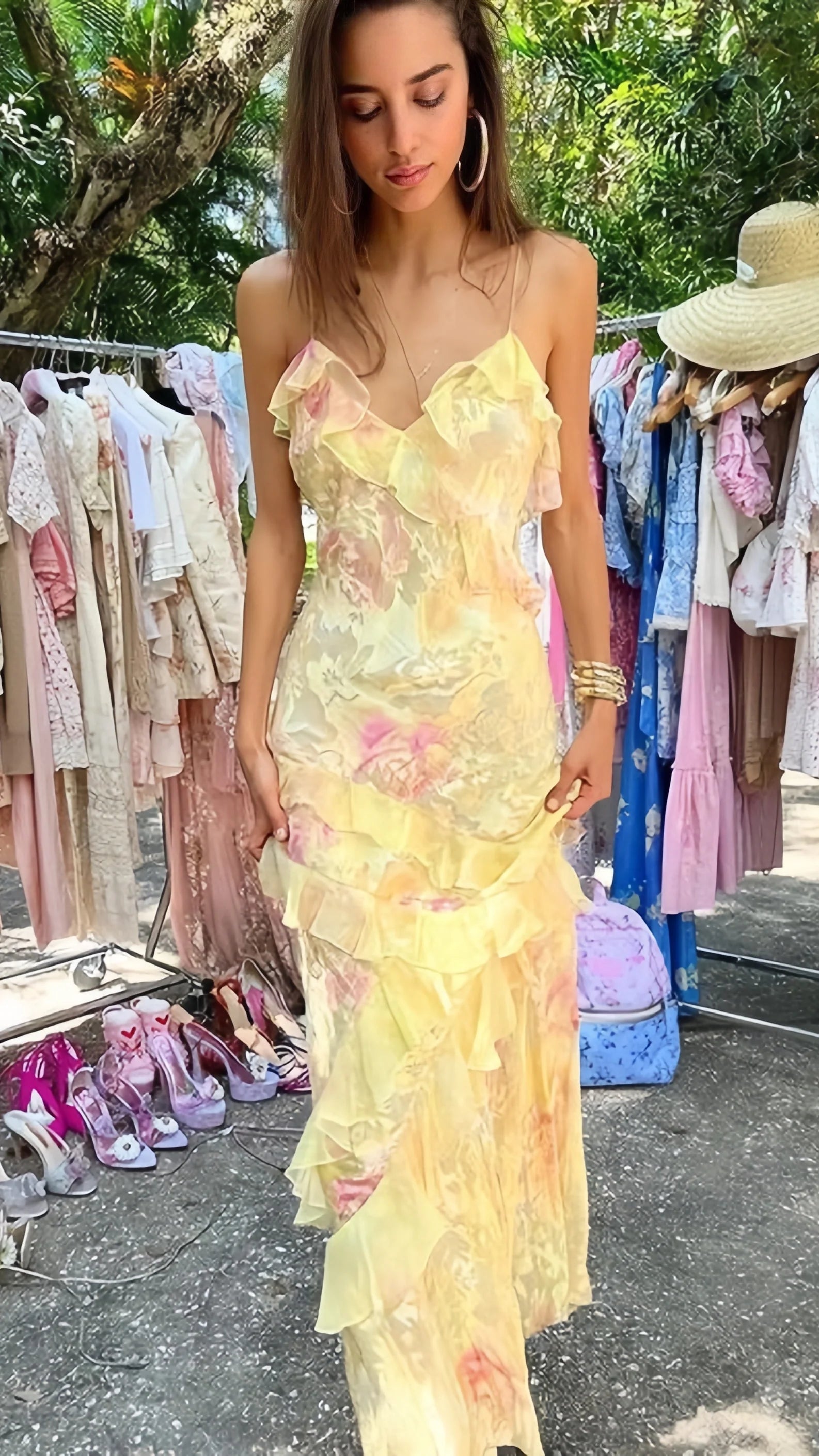 Yellow Floral Slim V-Neck Long Prom Dresses Spaghetti Straps Evening Party HZ0307