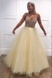 Yellow V-Neck Beaded Tulle Prom Dress - Long Evening HZ0307