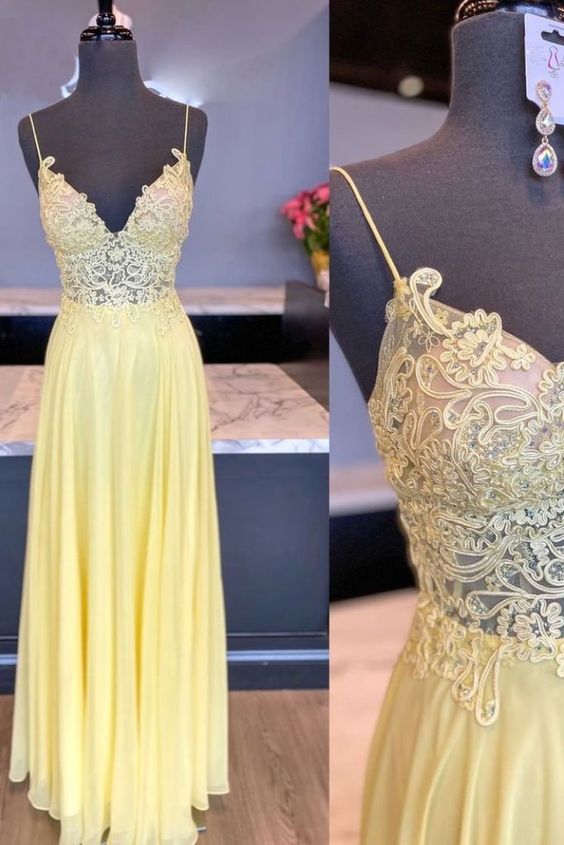 Yellow V-Neck Tulle Long Prom Dress - Evening HZ0307
