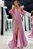 Lavender Sequin Mermaid Long Prom Dress with Short Puff HZ0307