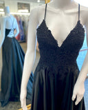 Elegant Yellow Satin Lace Appliques Spaghetti Straps Long Prom HZ0307