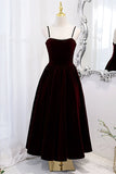 Burgundy Velvet A-line Midi Dress with Spaghetti HZ0307