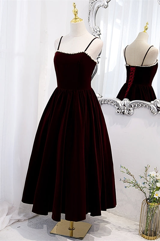 Burgundy Velvet A-line Midi Dress with Spaghetti HZ0307