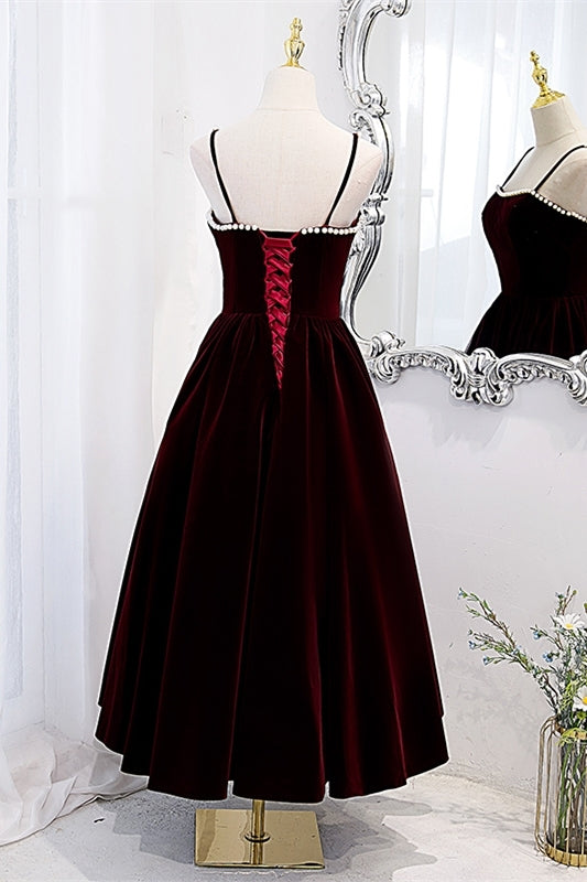 Burgundy Velvet A-line Midi Dress with Spaghetti HZ0307