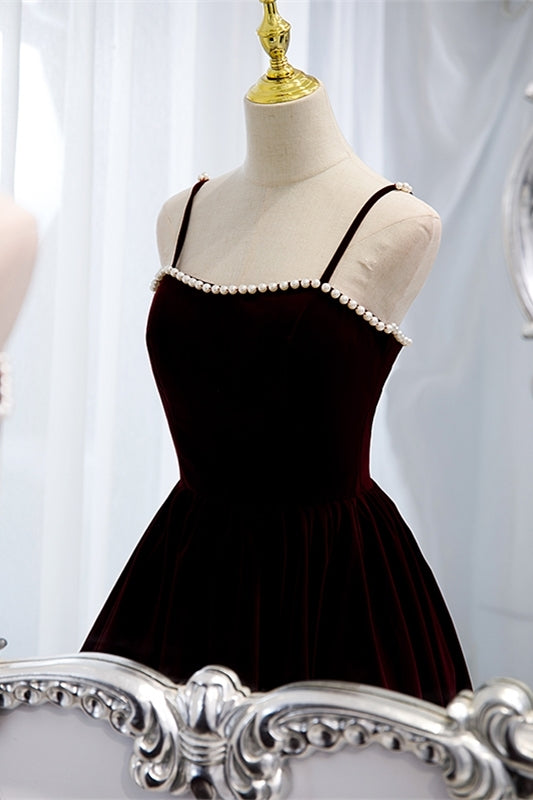 Burgundy Velvet A-line Midi Dress with Spaghetti HZ0307
