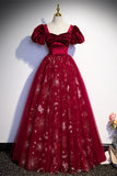 Wine Red Velvet and Tulle Short Sleeves Princess HZ0307