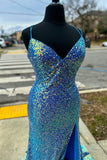 Blue Sequin Straps Mermaid Long Party Dress with HZ0307