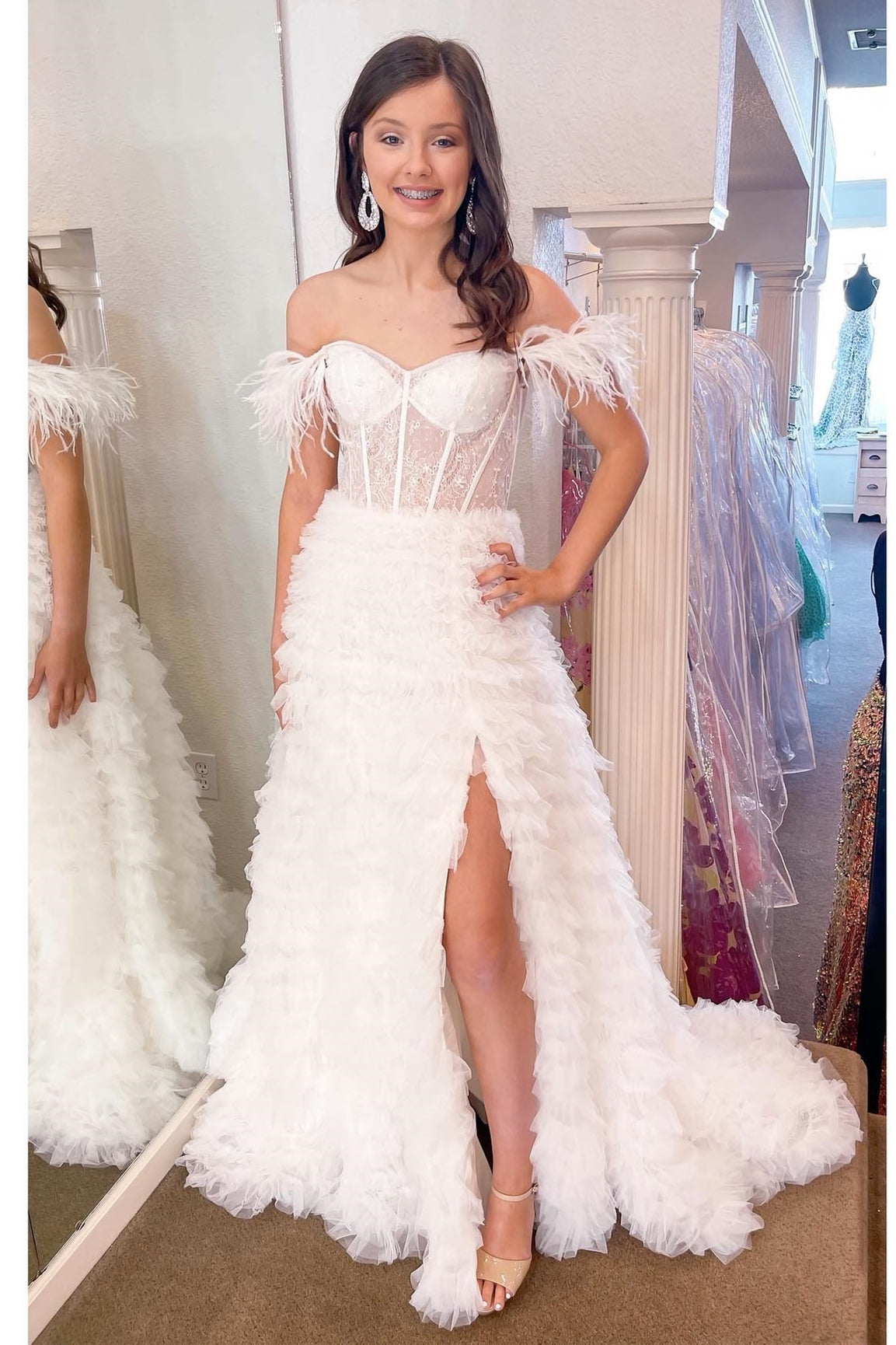 Off the Shoulder White Tiered Layers Long Formal Dress with HZ0307