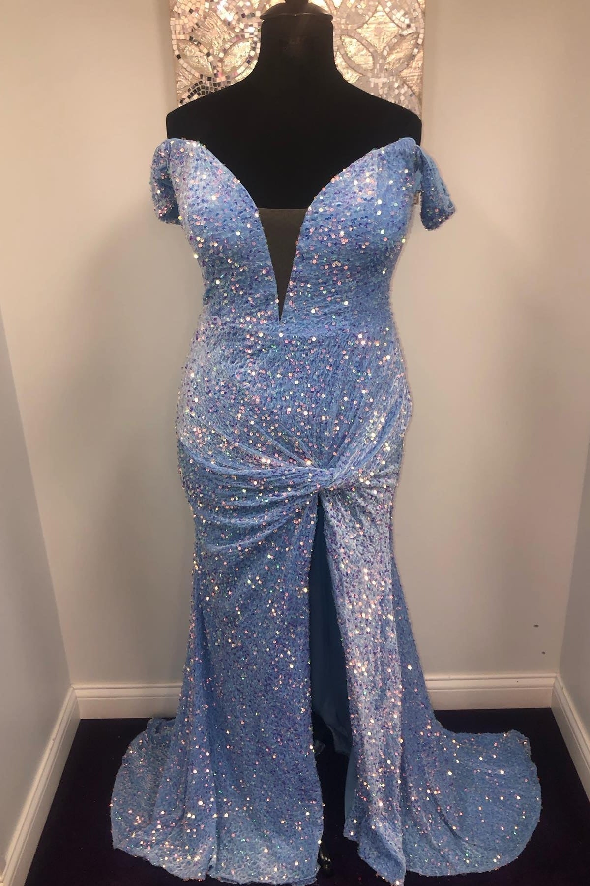 Blue Sequin Off the Shoulder Twist Slit Mermaid Long Formal HZ0307