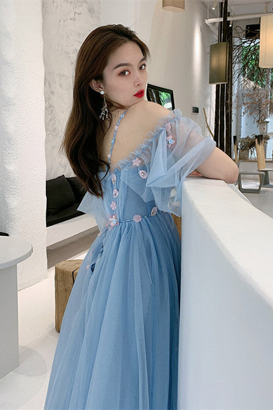 Straps Blue and Floral Embroidered Long Formal HZ0307