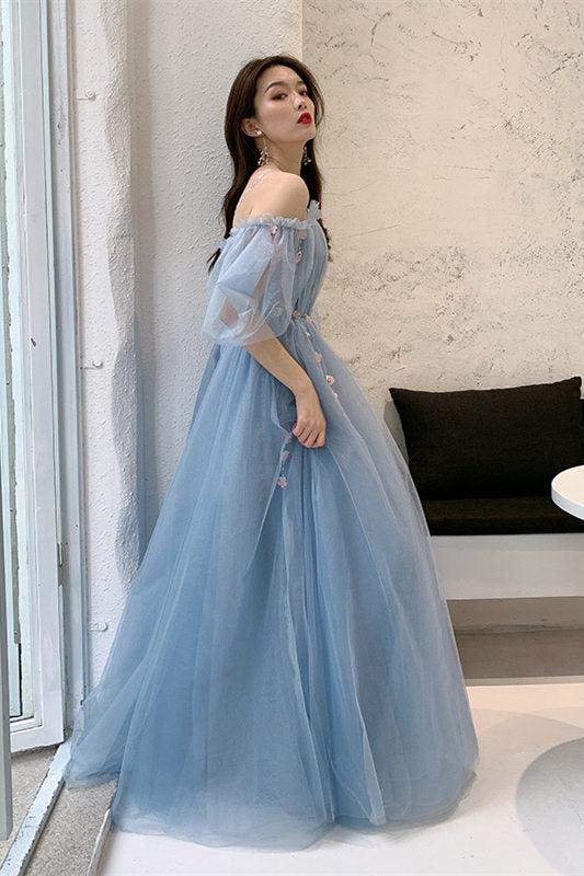 Straps Blue and Floral Embroidered Long Formal HZ0307