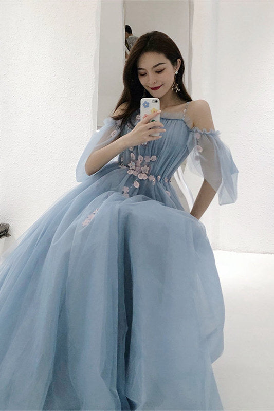 Straps Blue and Floral Embroidered Long Formal HZ0307