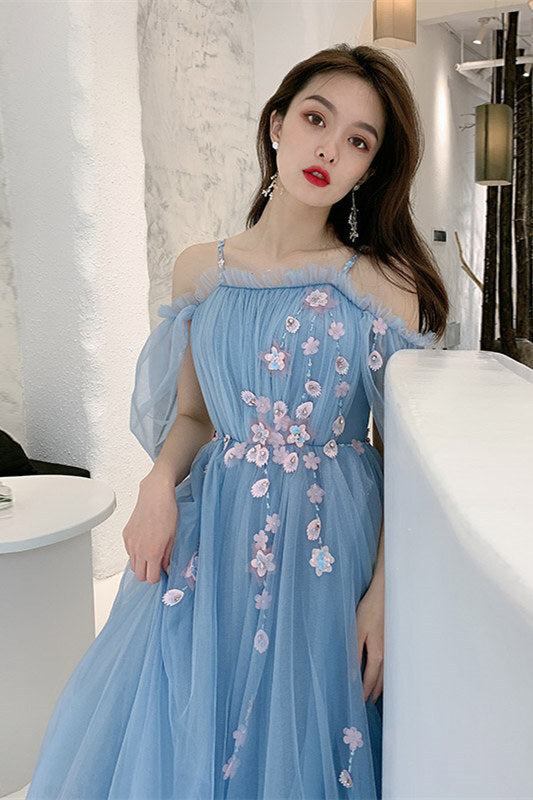 Straps Blue and Floral Embroidered Long Formal HZ0307