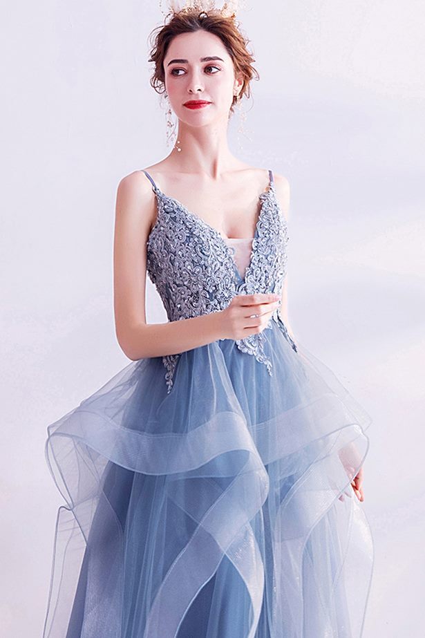 Blue A-line Layered Long Formal HZ0307