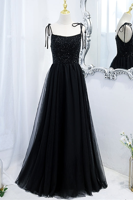 Black A-line Beaded Tulle Long Formal HZ0307