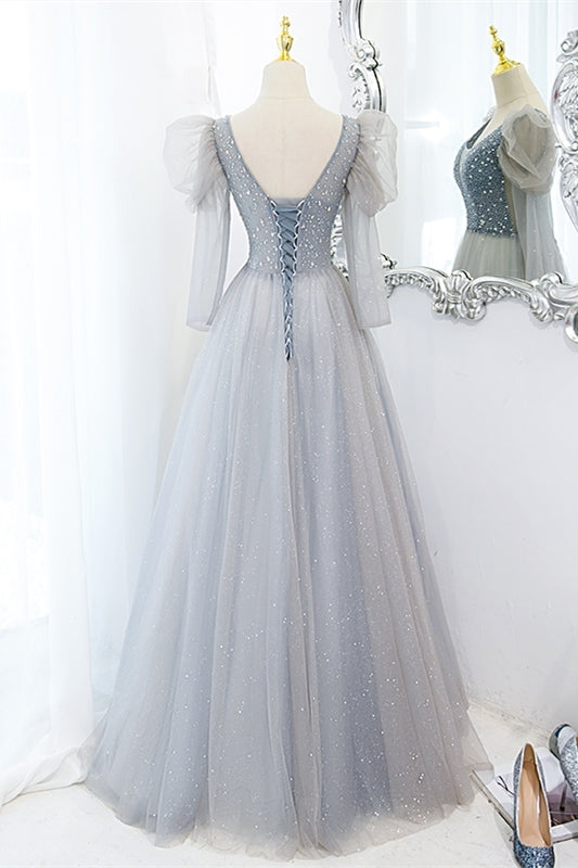 Fairy Grey Shiny A-line Long Formal Dress with Long HZ0307