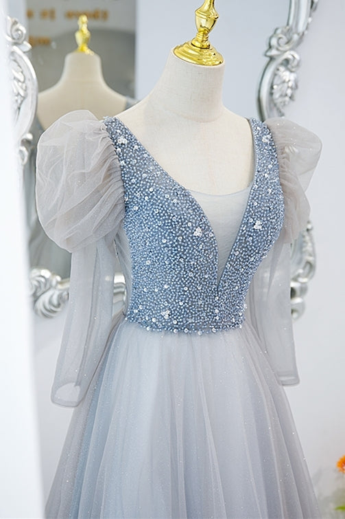 Fairy Grey Shiny A-line Long Formal Dress with Long HZ0307