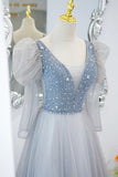Fairy Grey Shiny A-line Long Formal Dress with Long HZ0307