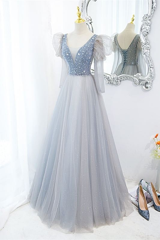 Fairy Grey Shiny A-line Long Formal Dress with Long HZ0307