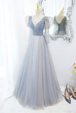 Fairy Grey Shiny A-line Long Formal Dress with Long HZ0307