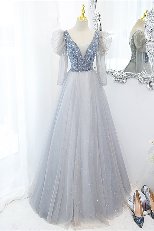 Fairy Grey Shiny A-line Long Formal Dress with Long HZ0307