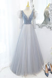 Fairy Grey Shiny A-line Long Formal Dress with Long HZ0307