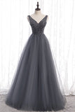 A-line Beaded Grey Tulle Long Party HZ0307