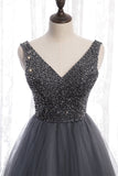 A-line Beaded Grey Tulle Long Party HZ0307