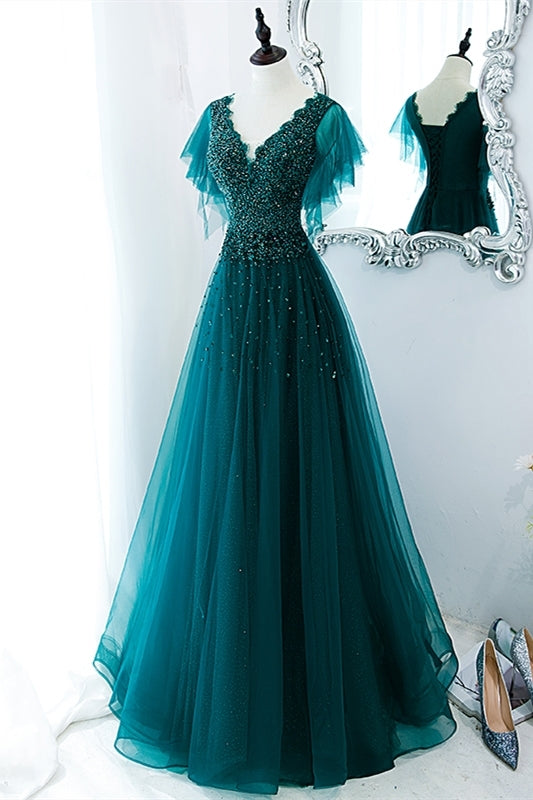 Green A-line Appliques Long Formal Dress with Flutter HZ0307
